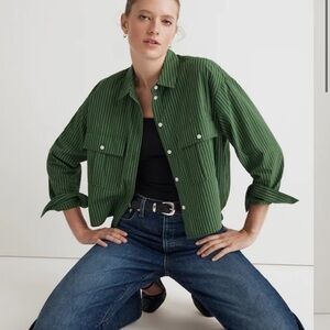 Madewell Signature Poplin Cargo Button-Up Shirt in Stripe M NWT
